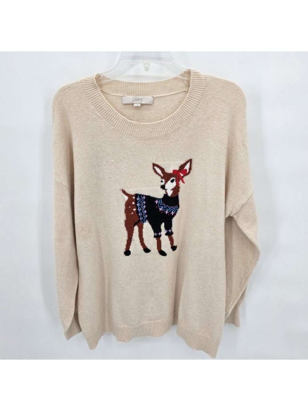 LOFT Sweater Womens L Beige Deer Reindeer Graphic Christmas Holiday Pullover Top